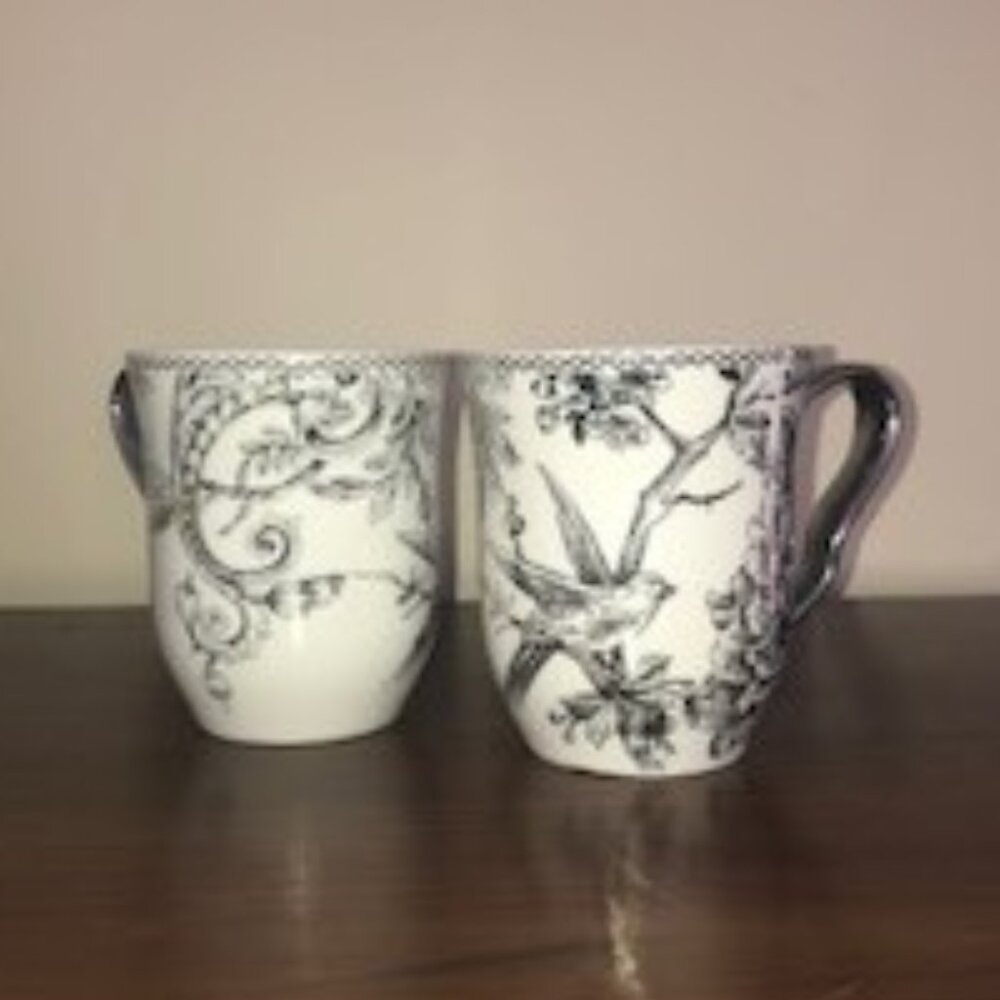 Discontinued  222fifth Adelaide Silver Toile Mugs with Birds - HTF-  Set of 2.